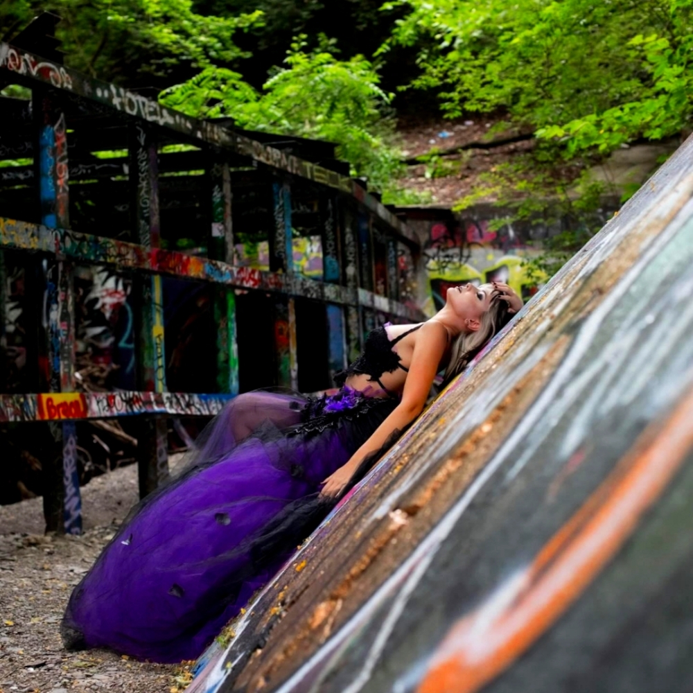 "LADY ANA" Custom Order Black & Purple Rose Petal Tulle Wedding Ballgown Set - Picture 7 of 13
